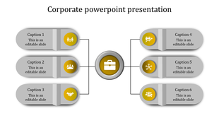 Corporate infographic with a yellow briefcase icon linking to six gray oval-shaped elements with yellow business icons.