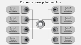 Corporate PowerPoint template with a central briefcase icon and eight surrounding sections, each featuring an icon and text.