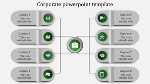 Corporate infographic with a central green briefcase icon linking to eight gray oval-shaped elements.