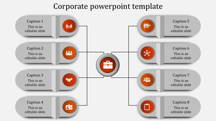Corporate PowerPoint template with a central icon representing a briefcase and eight surrounding sections with icons.