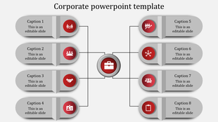 Slide with a central red briefcase icon and eight connected captions with circular icons and descriptions.