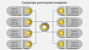 Corporate PowerPoint template with a central icon representing a briefcase and eight surrounding sections with yellow icons.