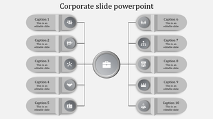 Gray themed corporate slide with a central icon and ten linked captions arranged in a balanced layout.