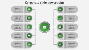 Corporate PowerPoint template with a central icon representing a briefcase and ten surrounding sections with green icons.