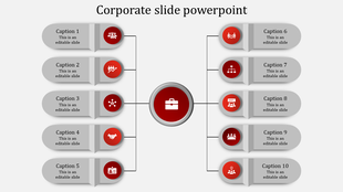Corporate network diagram with a central red briefcase icon linked to ten business-related sections with red circular icons.