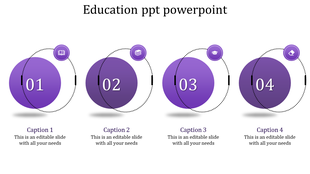 Education PPT template featuring four purple numbered circles with icons representing academic milestones and captions.