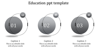 Simple educational infographic featuring three gray circles with numbers, icons, and captions underneath.