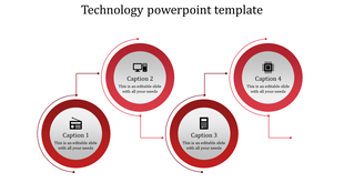 Technology themed red diagram with four circular nodes connected by lines, each containing an icon.