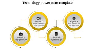 Technology themed PowerPoint slide featuring four interconnected yellow circular elements with icons and captions.