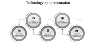Gray circular layout with five connected icons and captions in a flowchart style for a technology presentation.