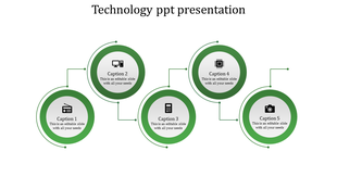 Technology themed slide with five green interconnected circles, icons, and captions representing key concepts.