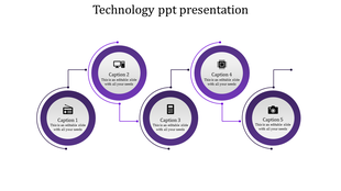 Technology themed slide with five purple interconnected circles, icons, and captions representing key concepts.