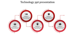 Circular infographic in shades of red with tech symbols linked by curved connectors placed in a white backdrop.