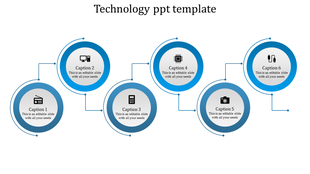 Blue circular infographic template showing six interconnected technology concepts with icons and captions.