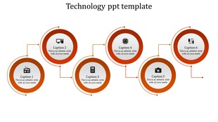 Orange circular infographic template showing six interconnected technology concepts with icons and captions.
