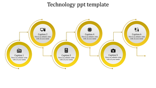 Technology slide with six circular yellow icons connected by lines, each containing captions and device symbols.