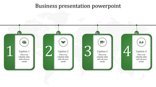 Hanging green cards showing sequence from 1 to 4 with business related icons and placeholder text areas.