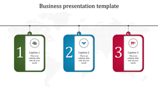 PowerPoint template for business presentations, featuring three cards in green, blue, and red, each with icons and titles.