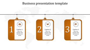 Orange business timeline with three hanging numbered cards and icons for people, handshake, and team.