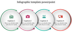 Infographic template with four circular sections, each containing a color coded icons and caption space, connected by arrows.