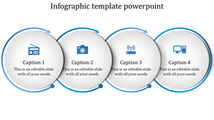 Horizontal infographic with blue arrows linking four white circles with icons for radio, camera, router, and computer.