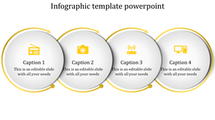 Infographic PPT slide with four circular elements, yellow icons from radio to computer, linked by arrows and captions.