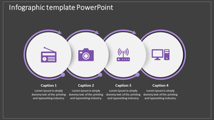Circular flow infographic in purple, featuring four technology icons connected by directional arrows on a dark background.