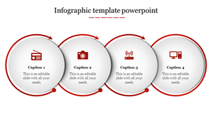 Infographic with four connected red outlined circles, featuring icons and captions in a horizontal flow.
