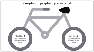 Minimalist cycle infographic with caption placeholders inside circular wheels and a sleek grey frame design.