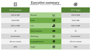 Comparison table showing 2018 executive summary and 2019 target metrics for revenue, profit, cost, and other business areas.