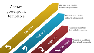 Colorful arrow template with four angled sections in yellow, blue, red, and purple with placeholder text.
