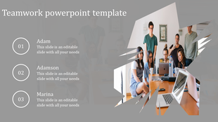 A teamwork PowerPoint template featuring individuals collaborating around a table, with text sections on a grey theme.