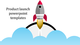 Product launch slide with a red and gray rocket blasting off through blue clouds placed in white backdrop.