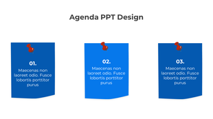 Agenda PowerPoint design featuring three blue pinned notes labeled 01, 02, and 03 with placeholder text beneath each number.