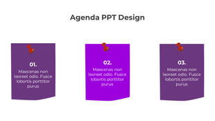 Three agenda cards slide in a vibrant purple and pink design pinned with red thumbtacks on a white background.