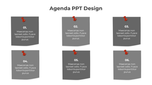 Minimal agenda slide featuring six gray cards with red pins and sequential numbers 01 to 06, arranged in two rows.