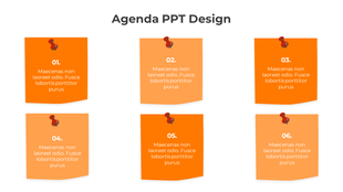 Agenda PowerPoint design with six orange pinned notes, each numbered from 01 to 06, displaying placeholder text.