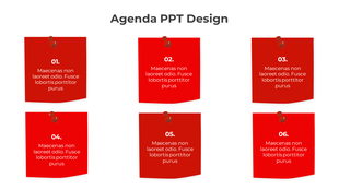 Agenda design with six red pinned notes, arranged in two columns, displaying sequential content.