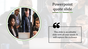 Slide with a group photo in a circular frame on the left and a green bordered quote box on the right with text.