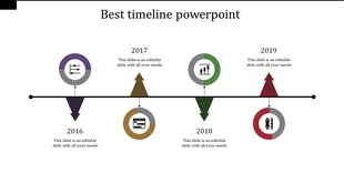 Best PowerPoint slide with a horizontal timeline showcasing milestones from 2016 to 2019, marked with icons and arrows.