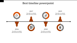 Horizontal timeline design with circular icons, directional arrows, and text placeholders for each milestone year.