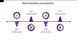 Horizontal timeline with circular icons and purple arrows, featuring milestone years from 2016 to 2019.