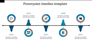 Timeline PPT template showing milestones from 2015 to 2019 with blue and gray icons for each year and placeholder text.