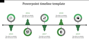Project timeline infographic in green showing events from 2015 to 2019, with alternating top and bottom milestone markers.