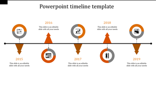 Timeline slide with alternating arrows and circular icons in orange, illustrating yearly events from 2015 to 2019.