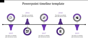 Timeline PPT template showing milestones from 2015 to 2019 with purple and gray icons for each year and placeholder text.