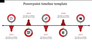 Business timeline template featuring five milestone years, each marked with a red circular icon and triangular pointers.