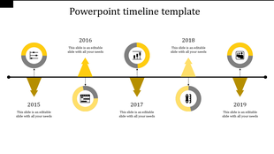 Yellow themed timeline slide with circles and arrows highlighting years 2015 to 2019 along a black horizontal line.