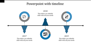 A timeline PowerPoint slide with arrows indicating the years 2017, 2018, and 2019, featuring placeholder text and icons.