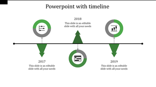 Horizontal timeline infographic with three years marked by green arrows, circular icons, and a black timeline line.